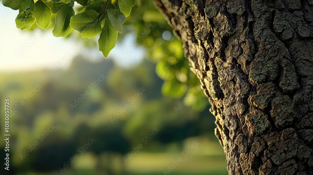 Obraz premium Close-up of a tree trunk with lush green leaves in soft natural light.