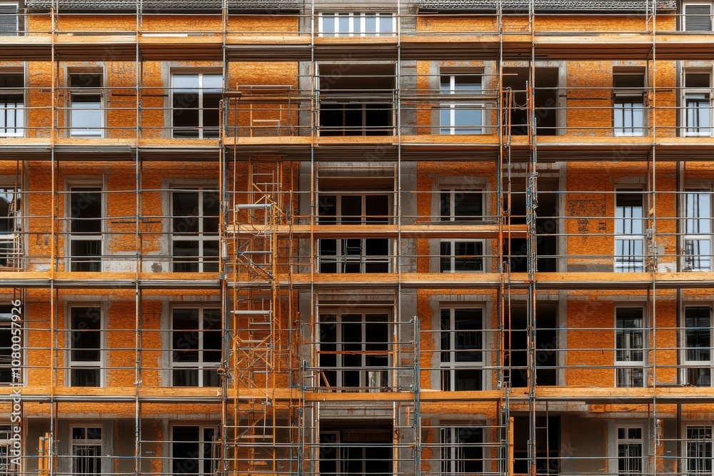 Construction progress of a modern apartment building showcasing scaffolding and exposed brick in an urban setting during daylight Construction progress of a modern apartment building showcasing scaffolding and exposed brick in an urban setting during daylight