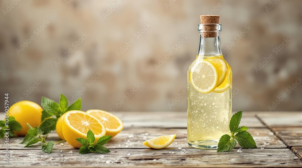 Refreshing lemonade in glass bottle with slices and mint on rustic wooden table Refreshing lemonade in glass bottle with slices and mint on rustic wooden table