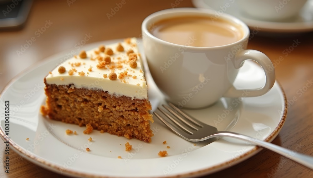  Indulgence in a moment  A slice of cake and a cup of coffee