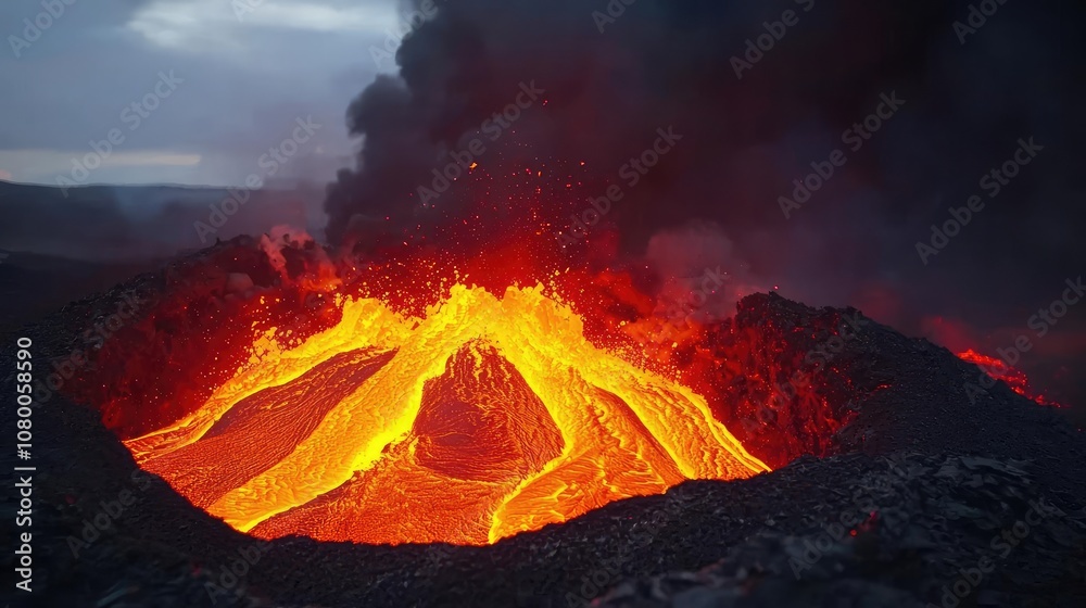 Fototapeta premium Volcanic eruption with lava flow, dramatic landscape with smoke and ash.