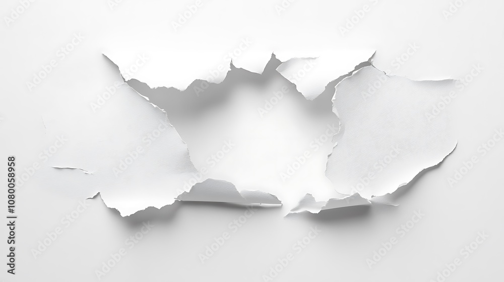 A hole ripped through white paper. A hole ripped through white paper.