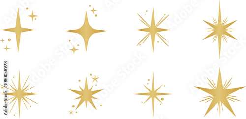 Gold stars, vector star illustration clip art set, glowing gradient metallic sparkle symbol, celebration clip art shape set