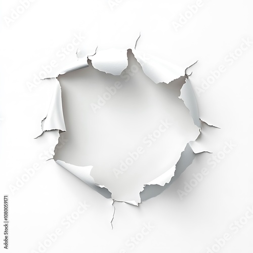 A circular hole ripped through white paper