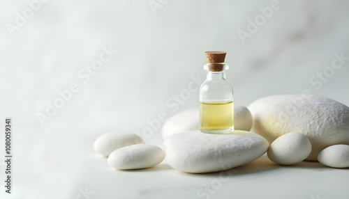 Clear glass bottle of essential oil with a cork stopper surrounded by smooth white stones on a light background