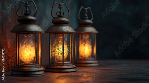 photorealistic clip art of antique lanterns, minimalistic, gentle glow, soft light and shadows