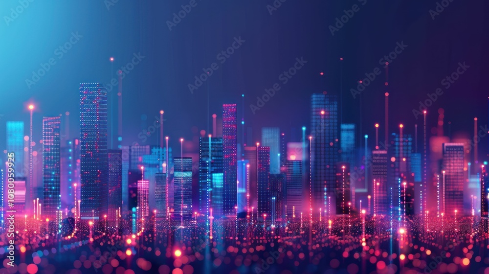 A futuristic cityscape with glowing lights and digital elements, symbolizing technology and innovation.