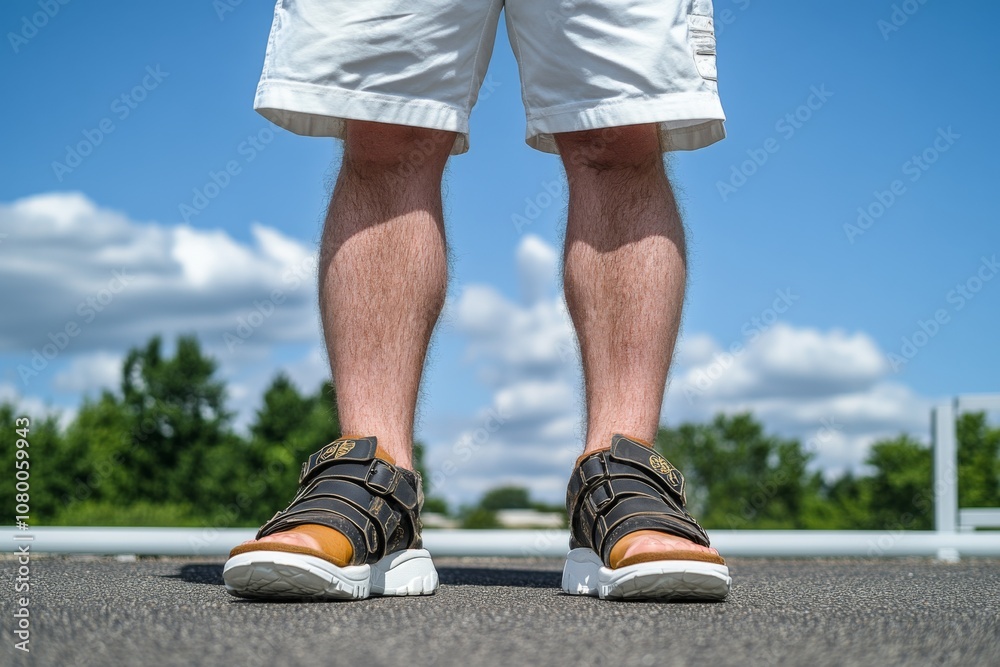 A person stands outdoors wearing casual shorts and unique sandals on a sunny day with scattered clouds A person stands outdoors wearing casual shorts and unique sandals on a sunny day with scattered clouds