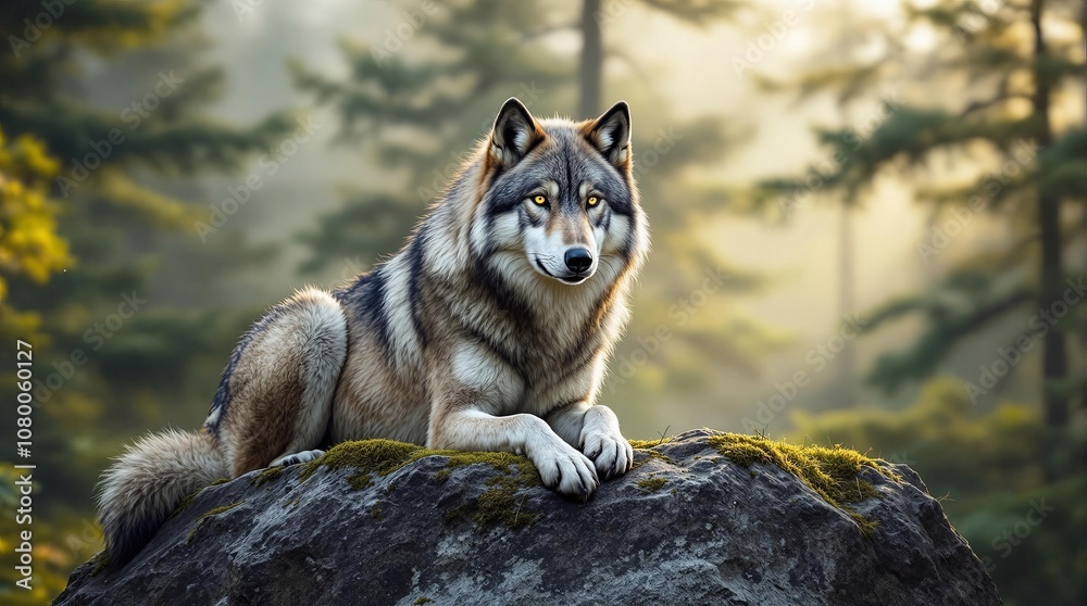 Majestic wolf resting on a moss-covered rock in a misty forest setting Majestic wolf resting on a moss-covered rock in a misty forest setting
