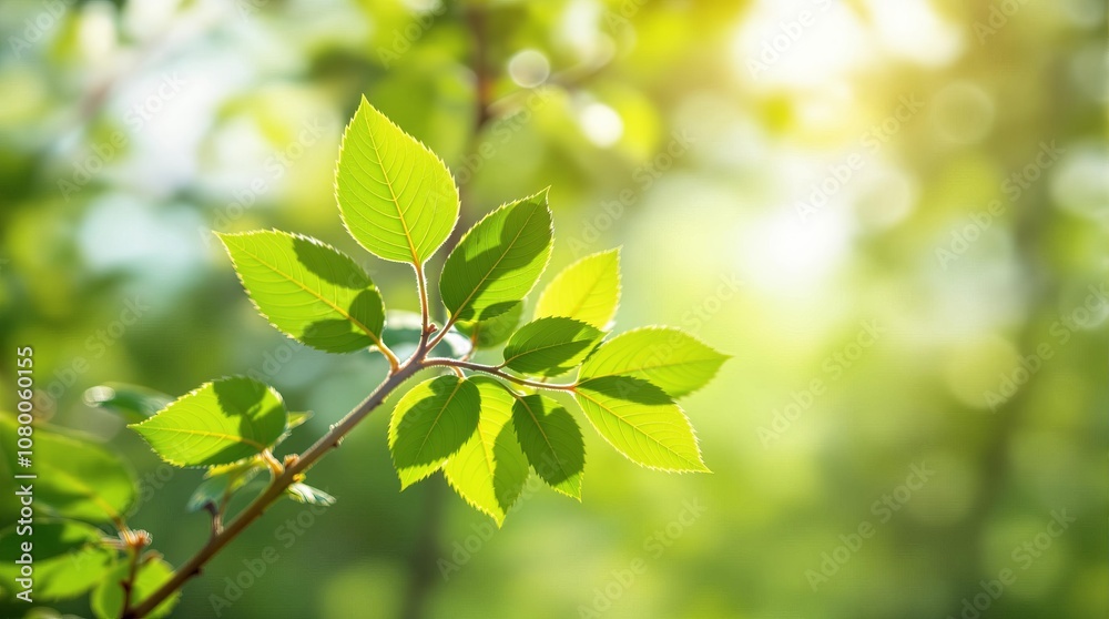 Sunlit green leaves on fresh spring branch with soft bokeh background Sunlit green leaves on fresh spring branch with soft bokeh background
