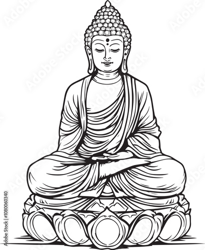 Buddha Sitting Statue, Linear Drawing Sketched Art Black and White Vector Illustration
