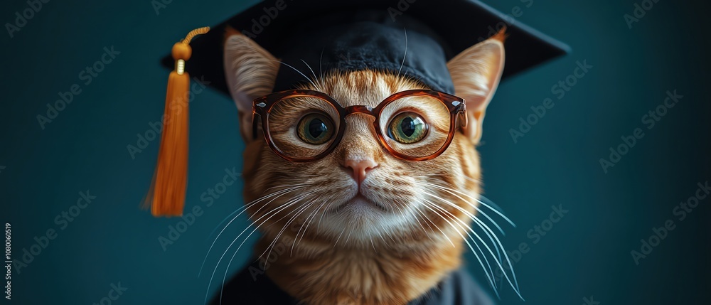Fototapeta premium Cat in graduation cap and sunglasses, blue backdrop, celebratory and academic tone