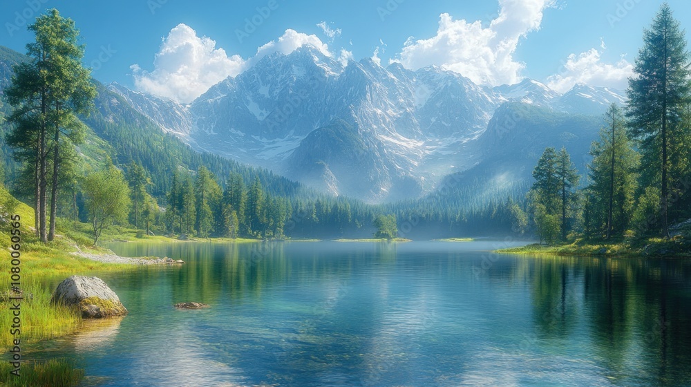 Fototapeta premium Serene mountain landscape with a tranquil lake and lush greenery.