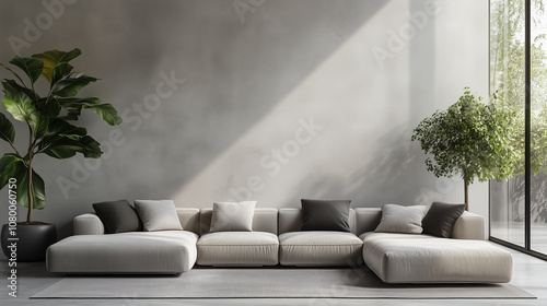 Modern interior design with a light gray empty wall, a large, minimalist sectional sofa. Green potted plants. A stylish and spacious loft-inspired space