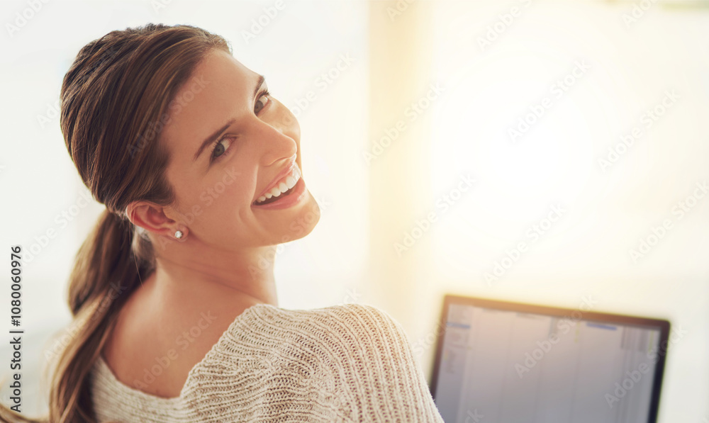 Woman, home and happy on portrait with laptop for remote work, project deadline and administration in England. Female person employee and smile or proud in confidence for career growth or opportunity