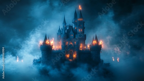 Enchanted castle surrounded by mystical fog with glowing torches and candles