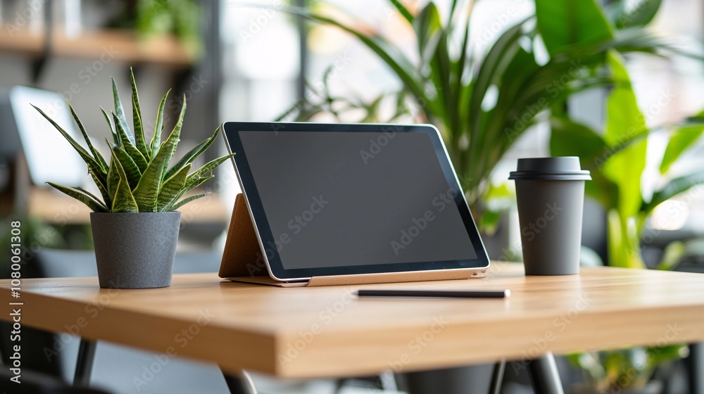 Modern digital mockup template showcasing a tablet on a wooden desk with stylus, with a blurred coffee shop background for a realistic setting Modern digital mockup template showcasing a tablet on a wooden desk with stylus, with a blurred coffee shop background for a realistic setting