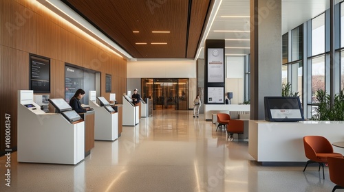 A modern bank branch interior with sleek design, digital kiosks, and a teller assisting a customer at the counter 