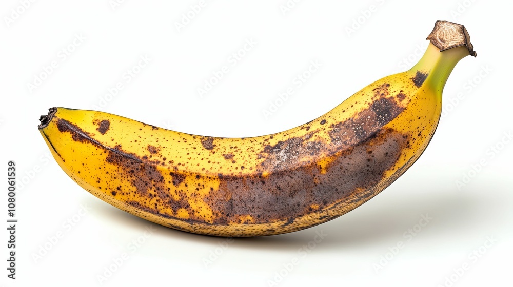 Overripe Banana with Brown Spots on White Background Overripe Banana with Brown Spots on White Background