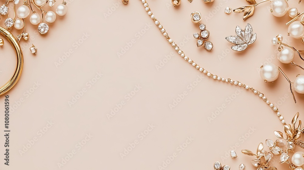 Gold and Pearl Jewelry Scattered on a Beige Background