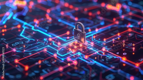 Wallpaper Mural Secure Digital Network with Lock Symbol in Bright Neon Colors Torontodigital.ca