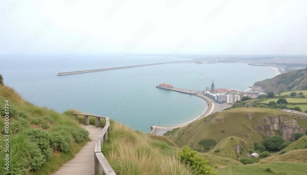 A serene coastal view from a cliffside path A serene coastal view from a cliffside path