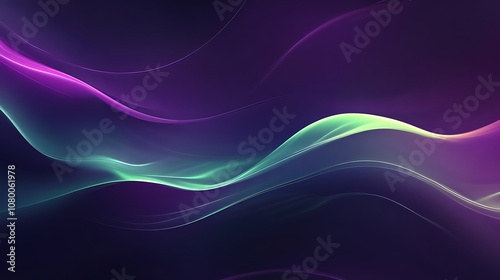 Fluid flowing lines of light in shades of neon purple and green against a dark background