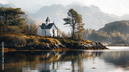 Tranquil Lakeside Church Surrounded by Majestic Mountains
