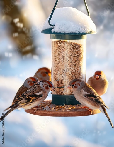 Sparrows eating seeds from bird feeder covered with snow in winter