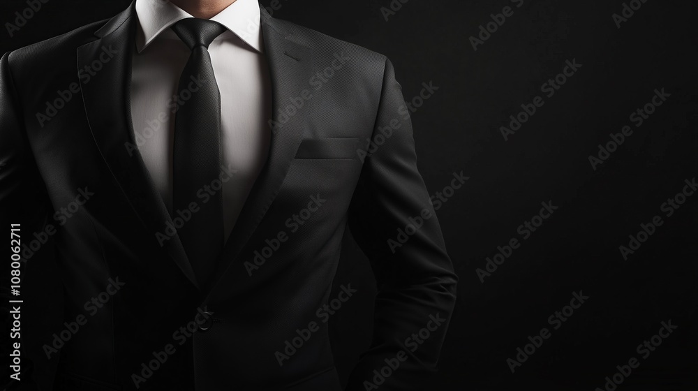 A well-dressed individual in a sharp black suit and tie against a dark background, presenting a sophisticated and elegant appearance A well-dressed individual in a sharp black suit and tie against a dark background, presenting a sophisticated and elegant appearance