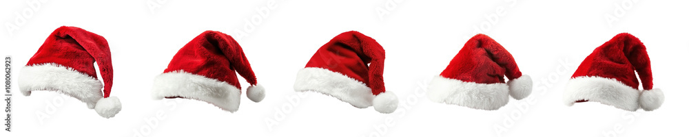 Obraz premium Set of Santa hats PNG files, featuring classic red and white designs, ideal for holiday graphics, digital art, and Christmas-themed decorations.