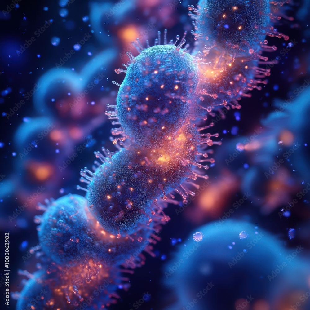 Fototapeta premium Close-up of bacteria and viruses under microscope, 3d illustration of science concept