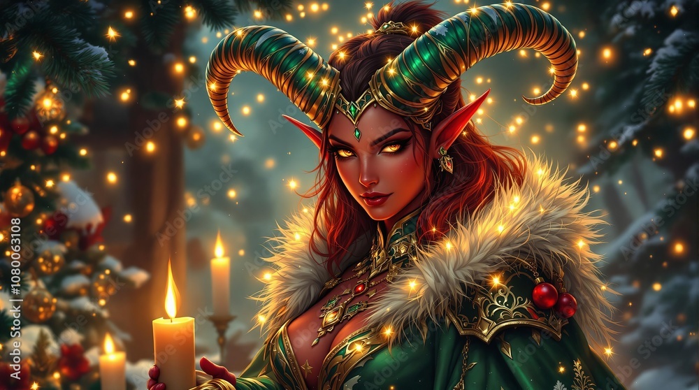 Enchanting elven sorceress with glowing horns in mystical forest Enchanting elven sorceress with glowing horns in mystical forest
