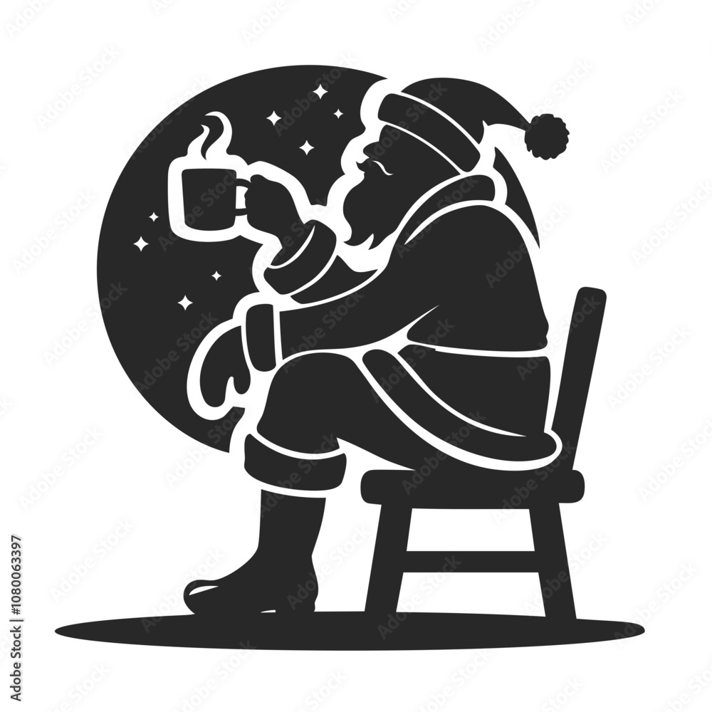 silhouette of Santa Claus relaxing with a cup of coffee under the night sky, illustration for a Christmas decorations card.
silhouette of Santa Claus relaxing with a cup of coffee under the night sky, illustration for a Christmas decorations card.