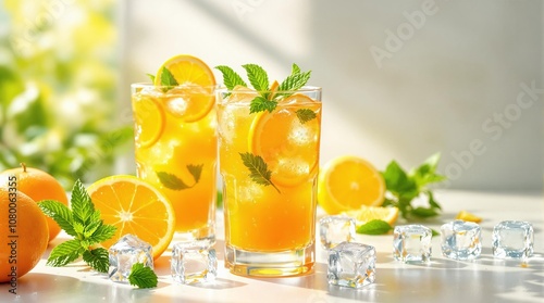 Refreshing citrus beverages with ice cubes and mint garnish in sunlight