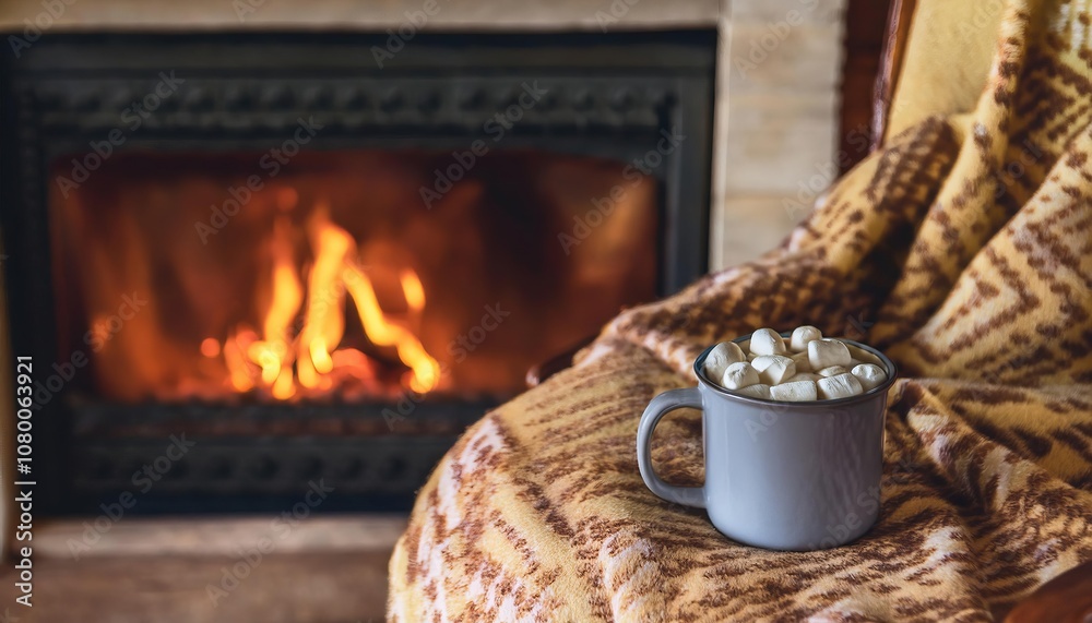 Relaxing winter evening with hot chocolate and marshmallows by the fireplace Relaxing winter evening with hot chocolate and marshmallows by the fireplace