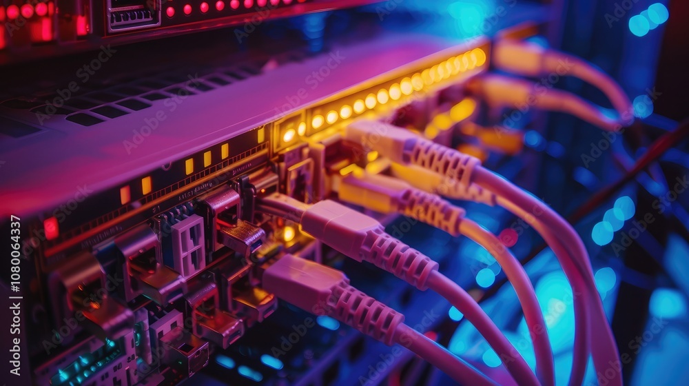 Vibrant LED-Lit Network Server with Connected Cables Vibrant LED-Lit Network Server with Connected Cables