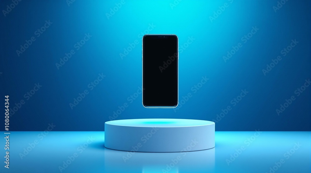 Modern smartphone suspended above minimalist display pedestal in futuristic blue scene Modern smartphone suspended above minimalist display pedestal in futuristic blue scene