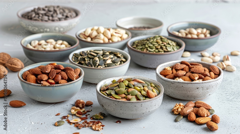 Assorted Bowls Filled with Seeds and Nuts on a Table Assorted Bowls Filled with Seeds and Nuts on a Table