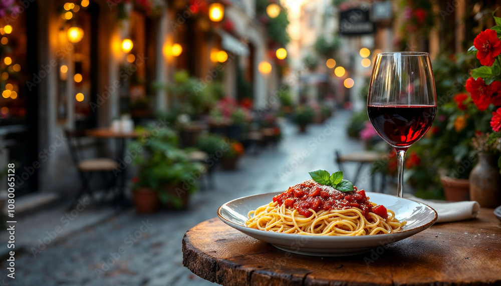 Italian street dining scene with spaghetti, red wine, and cozy sunset atmosphere.
Italian street dining scene with spaghetti, red wine, and cozy sunset atmosphere.