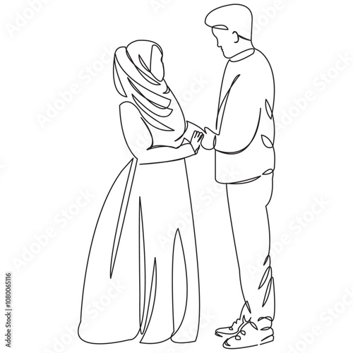 One continuous single drawing line art flat doodle wife, woman, muslim, isolated, man, couple, groom. Isolated image hand draw contour on a white background
