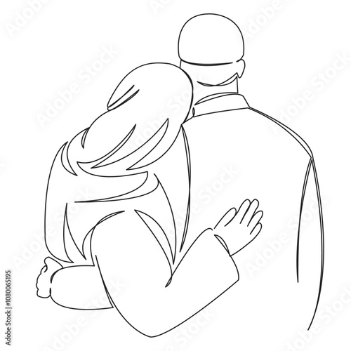 One continuous single drawing line art flat doodle muslim, couple, love, happy, people, romantic. Isolated image hand draw contour on a white background
