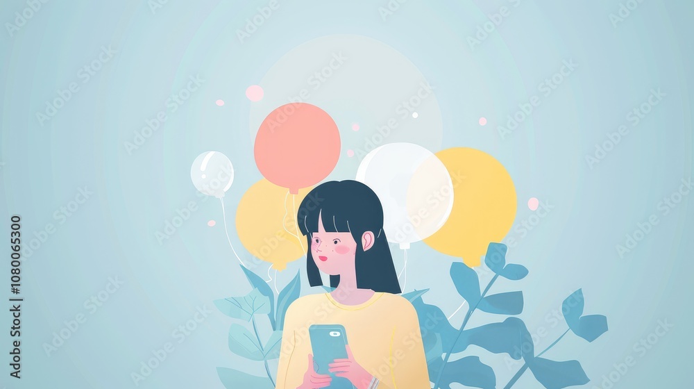 Young Girl Using Smartphone with Colorful Balloons in Background Young Girl Using Smartphone with Colorful Balloons in Background