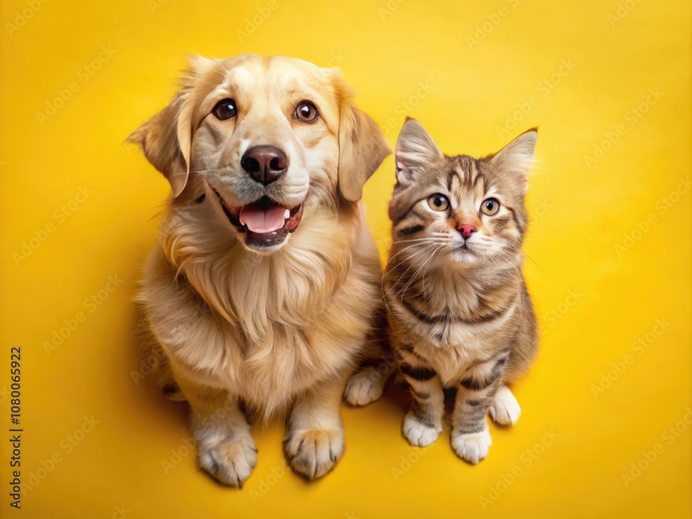 Fototapeta premium Aerial view of a relaxed dog and cat on a bright yellow background, perfect for animal lovers and ideal for colorful stock images celebrating companionship.