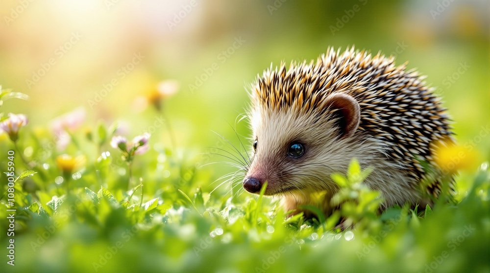 Adorable hedgehog exploring lush green meadow in springtime sunshine Adorable hedgehog exploring lush green meadow in springtime sunshine