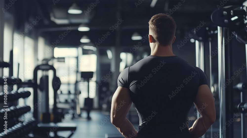 Young man in gym contemplating workout routine during late afternoon training session Young man in gym contemplating workout routine during late afternoon training session