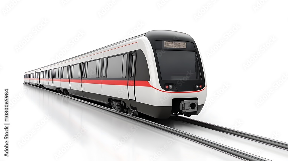 A long, light gray train with red accents is on train tracks. A long, light gray train with red accents is on train tracks.