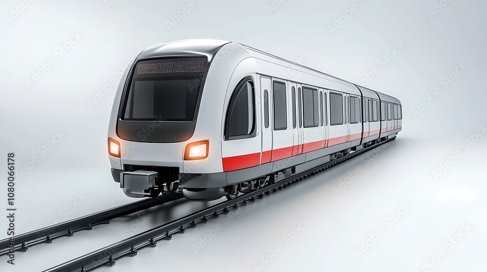 Naklejka premium A long, light gray train with red accents is on train tracks.