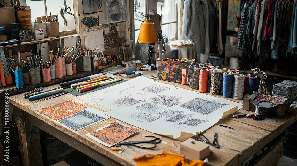 A cluttered workspace with various tools and supplies for a creative project. A cluttered workspace with various tools and supplies for a creative project.