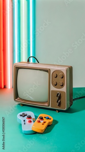 Retro gaming scene with vintage tv and colorful controllers photo